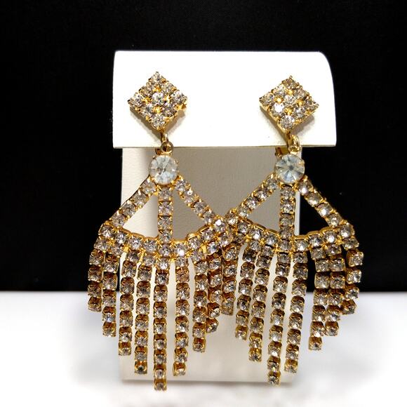 Vintage 1960s Rhinestone Long Dangle Clip Earrings, Gold Plated - Picture 7 of 10